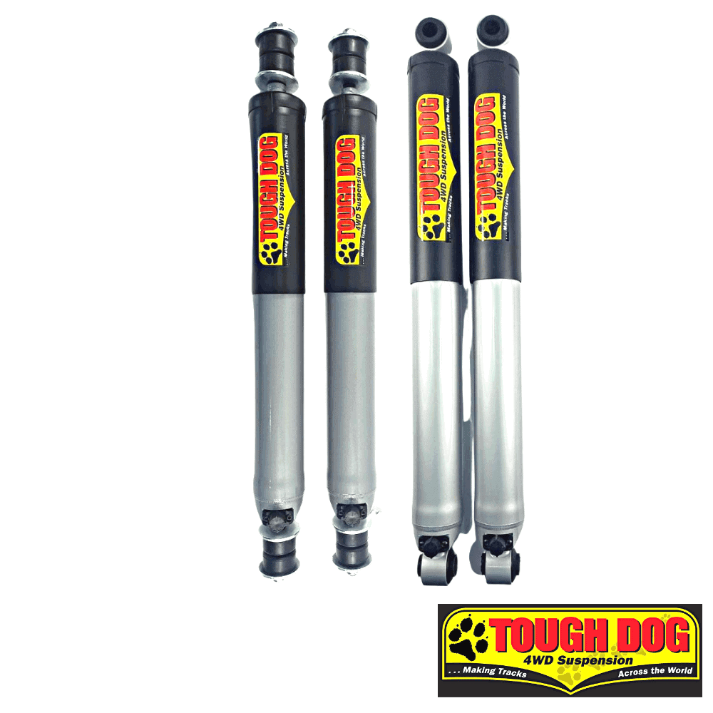 Shock absorbers for off-road vehicles with Tough Dog branding, suitable for 4WD suspension upgrades.