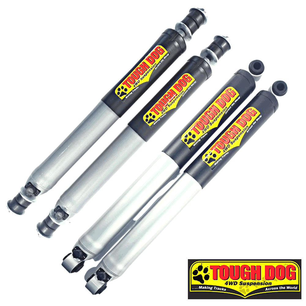 High-performance Tough Dog 4WD suspension shocks for off-road vehicles.