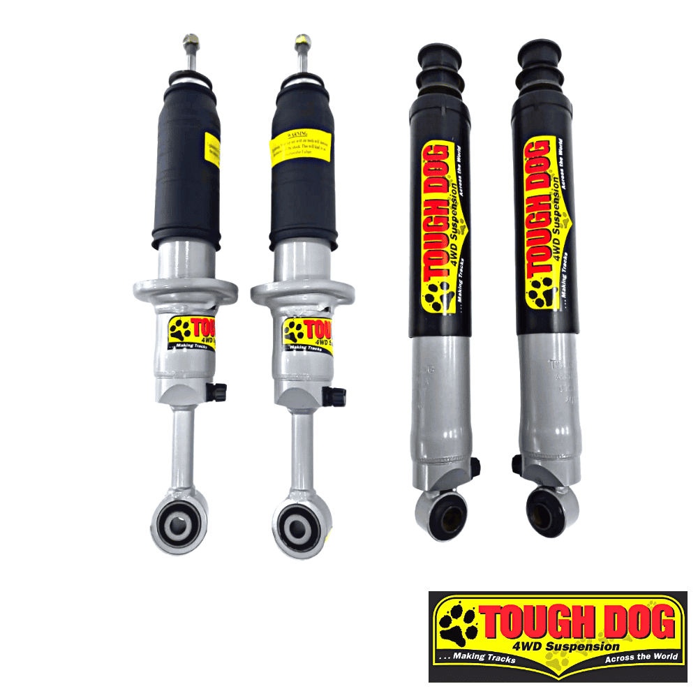 High-performance Tough Dog 4WD suspension shocks for off-road vehicles.