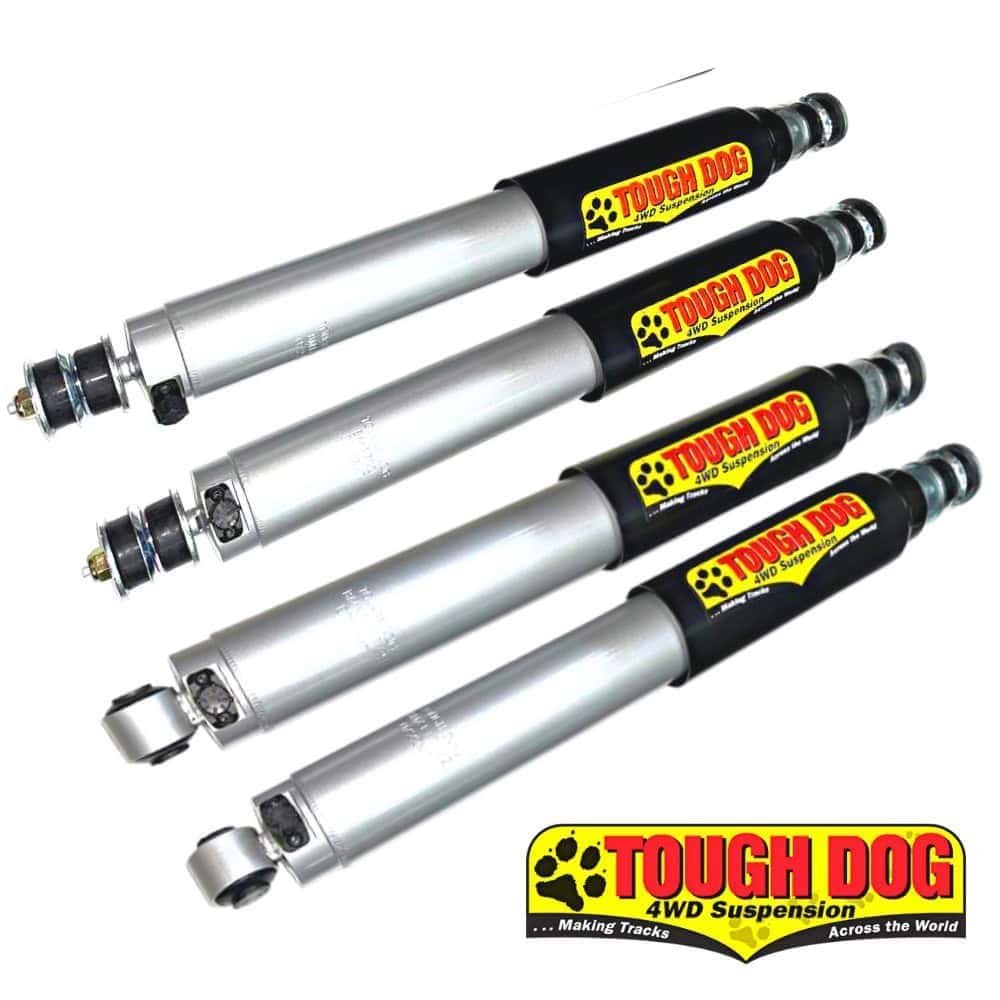 Tough Dog 4WD suspension shocks for off-road vehicles, durable and high-performance.