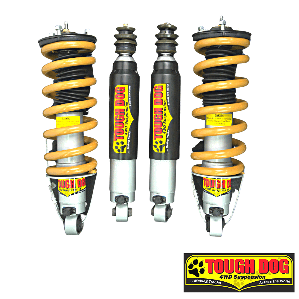 Heavy-duty 4WD suspension shocks with yellow coil springs for off-road vehicles. Durable and reliabl.