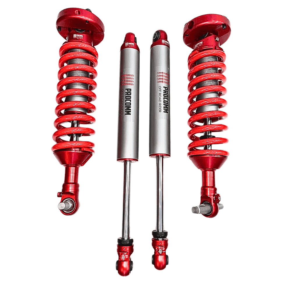 Red automotive shock absorbers and suspension components for vehicle performance and safety.