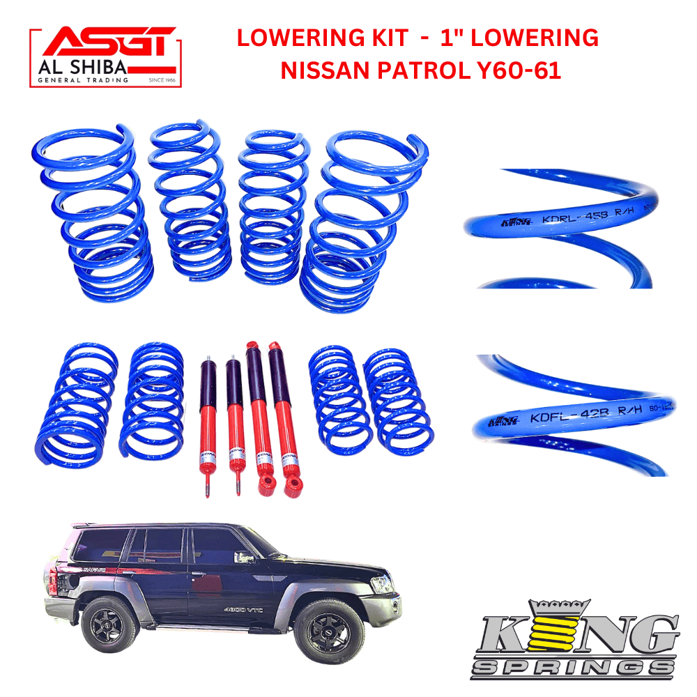 Lowering kit for Nissan Patrol Y60-61 with blue coil springs and shock absorbers.