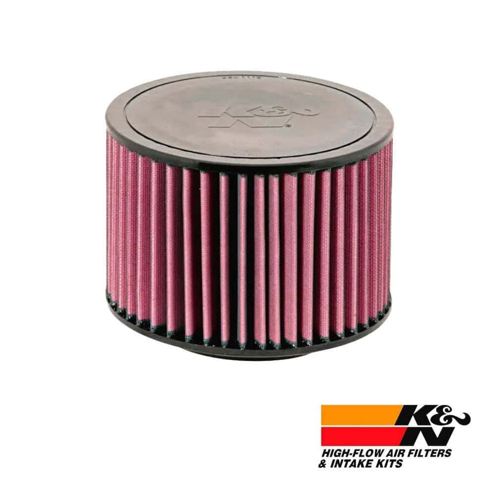 High-flow air filter for automotive engines, pink pleated design, compatible with K&N filters, durab.
