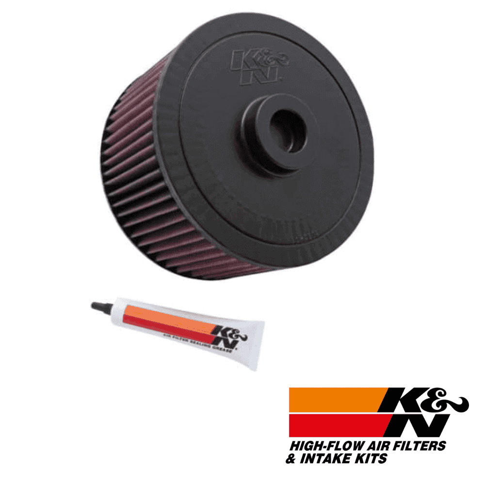High-flow air filter and intake kit for vehicle engine performance enhancement.