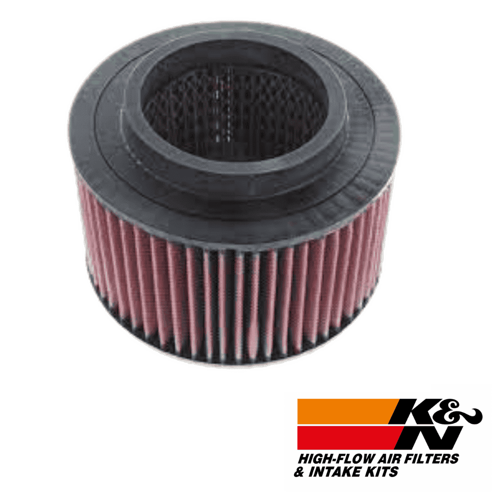 High-flow air filter for automotive engines, compatible with K&N filters and intake kits.
