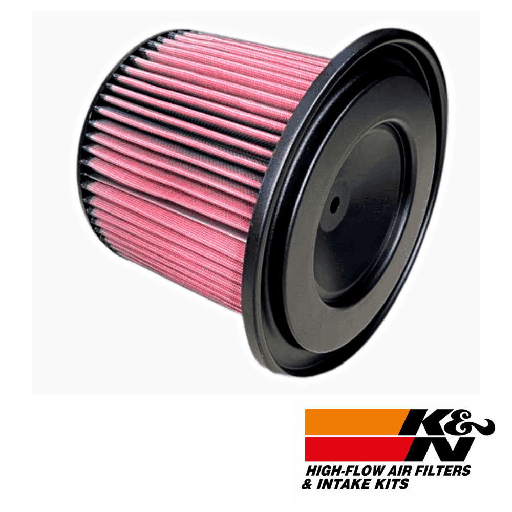 High-flow air filter for automotive engines, K&N branded, with black rubber frame and pink filter me.