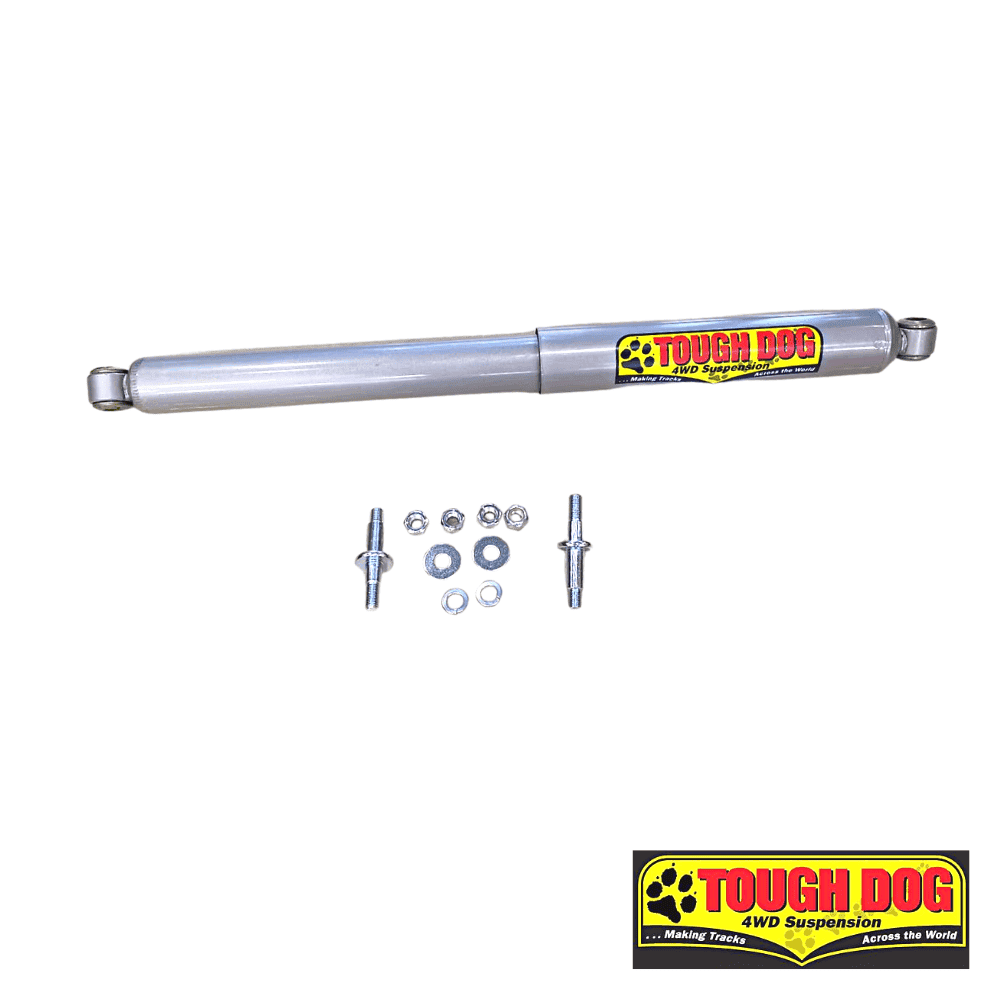 Tough Dog 4WD suspension shock absorber with mounting hardware for off-road vehicles.