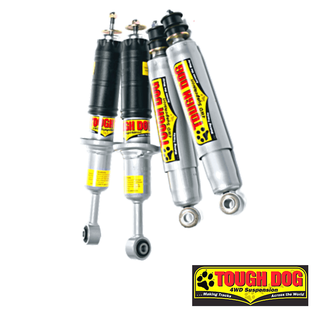 High-performance Tough Dog 4WD suspension shocks for off-road vehicles and rugged terrain.