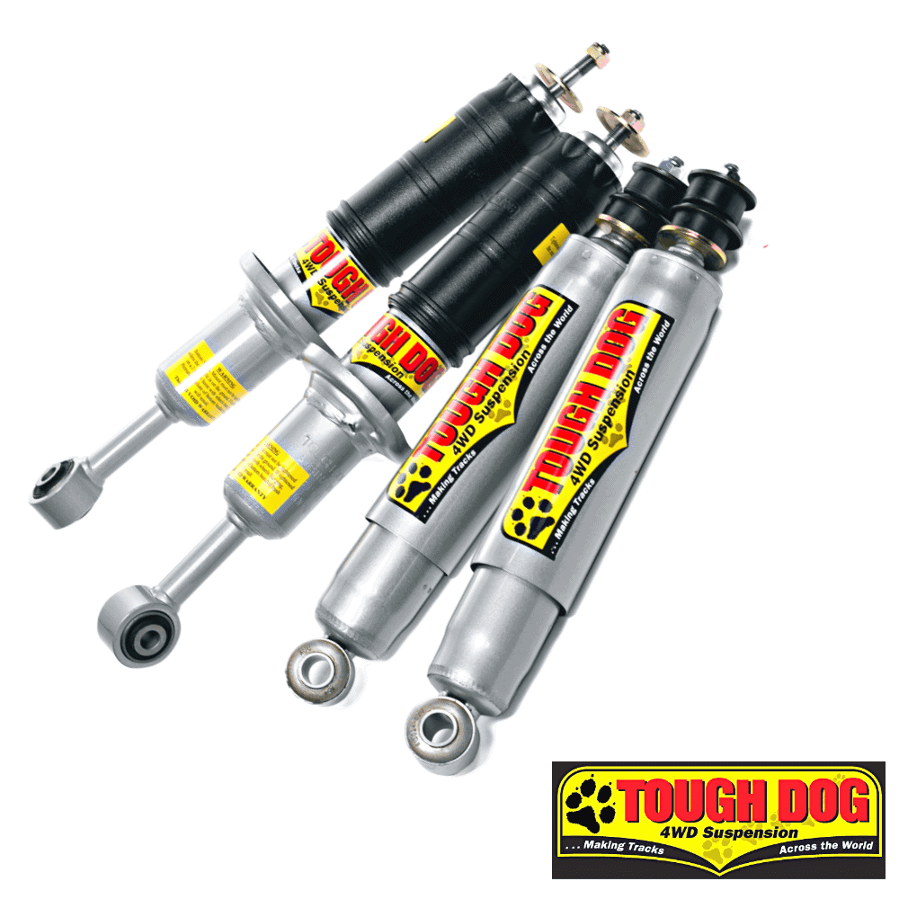 High-performance Tough Dog 4WD suspension shocks for off-road vehicles.