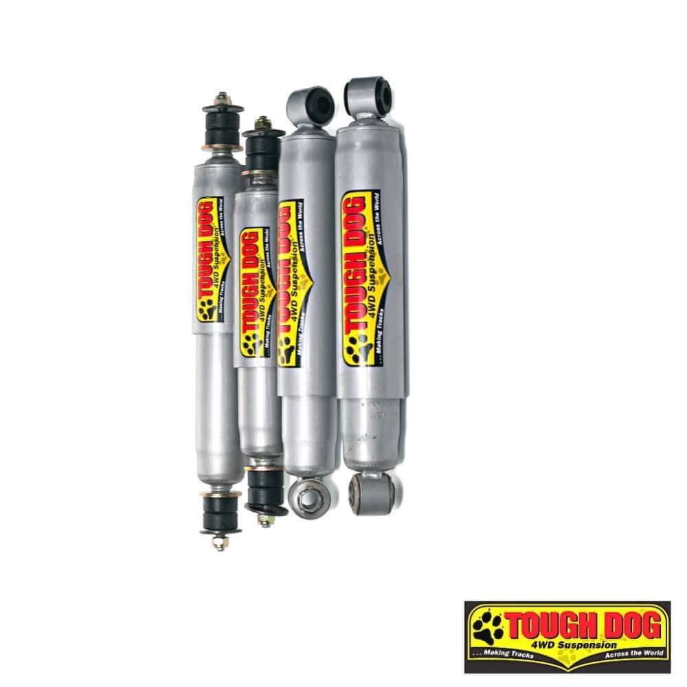 Shock absorbers for off-road vehicles with Tough Dog branding, 4WD suspension components.