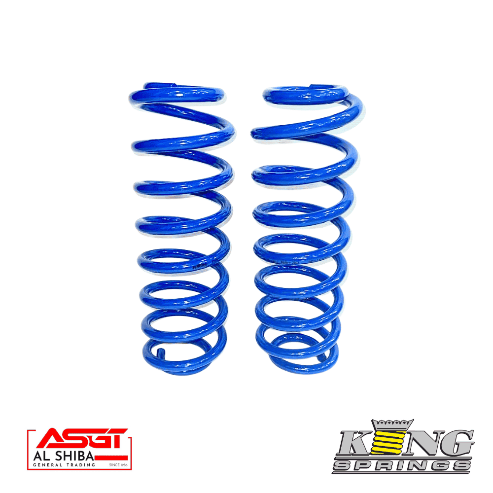 Blue coil springs for automotive suspension, high-quality King Springs.