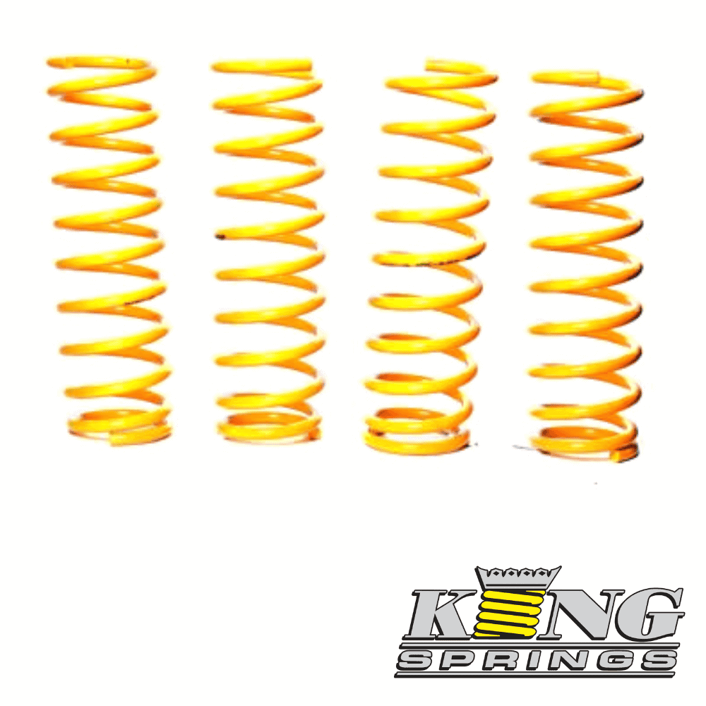 Yellow coil springs for automotive suspension systems, displayed in a row.