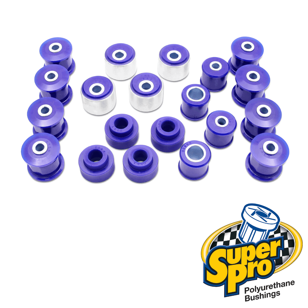 Blue polyurethane bushings for automotive suspension, arranged in a pattern.