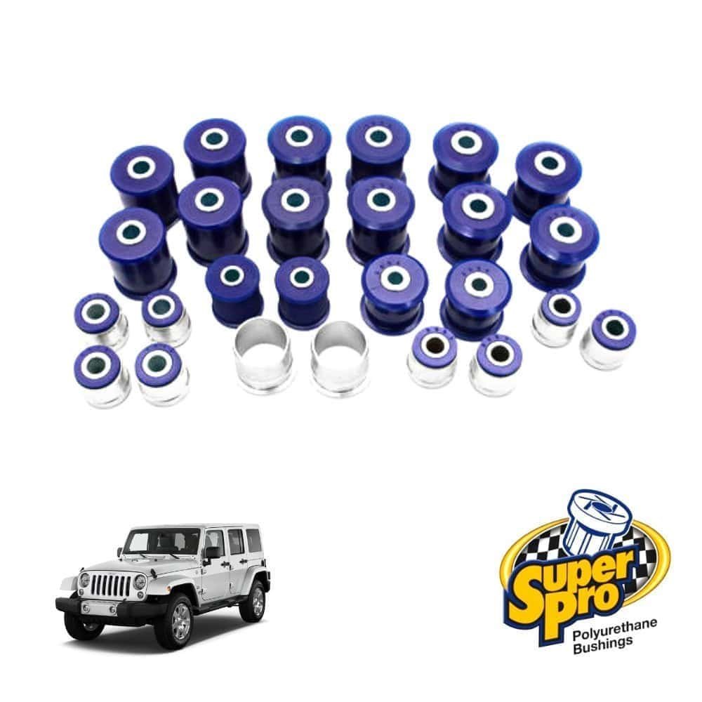 Blue polyurethane bushings for automotive suspension, with a Jeep vehicle and Super Spro branding.