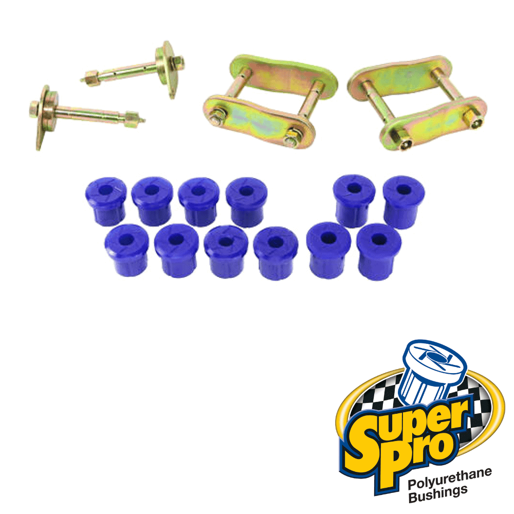 Polyurethane bushings and metal brackets for automotive suspension systems.
