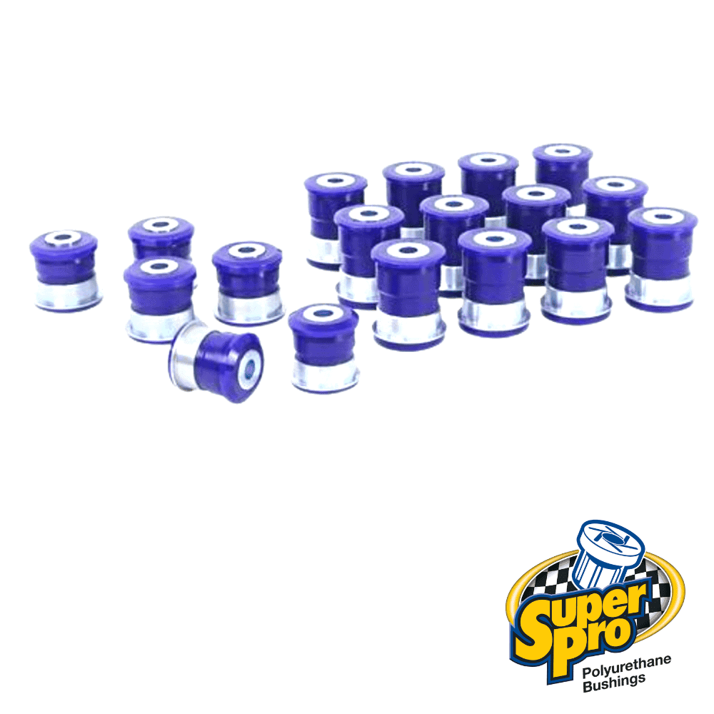 Blue polyurethane bushings for automotive suspension, high-performance SuperPro brand.