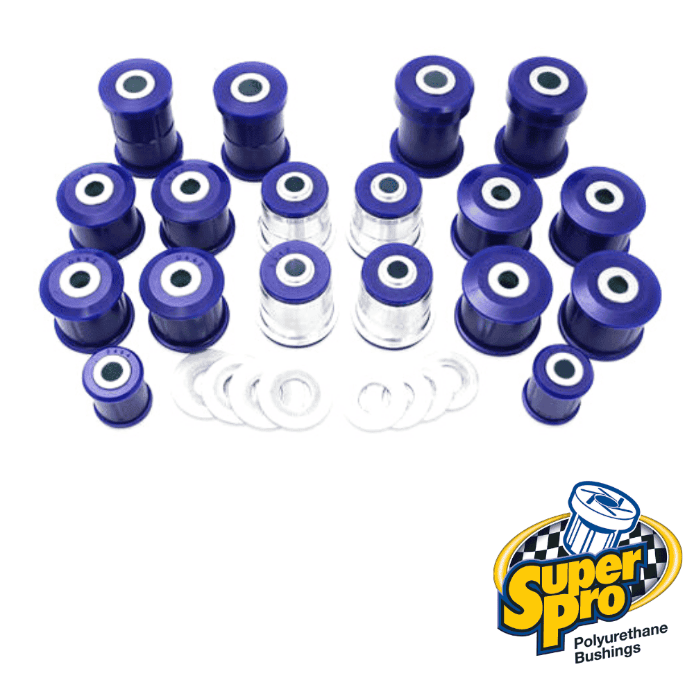 Blue polyurethane bushings for automotive suspension, SuperPro brand, arranged in a circular pattern.
