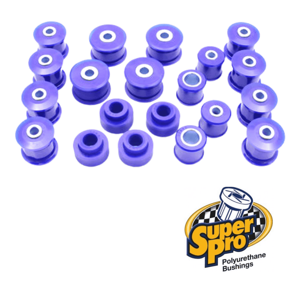 Blue polyurethane bushings for automotive suspension, high-performance SuperPro brand.