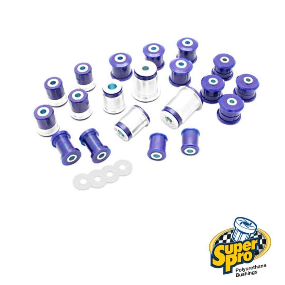 Assorted blue and silver polyurethane bushings for automotive suspension systems.