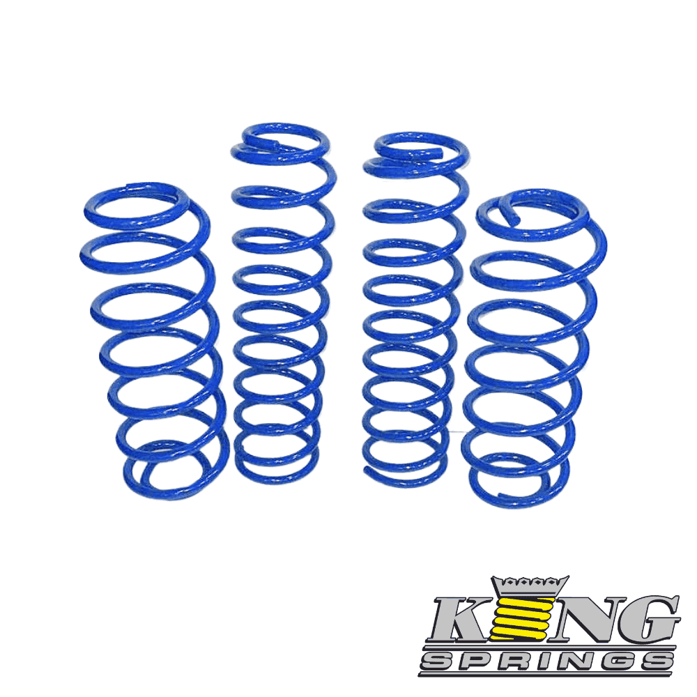 Blue coil springs for industrial or automotive use, arranged vertically.