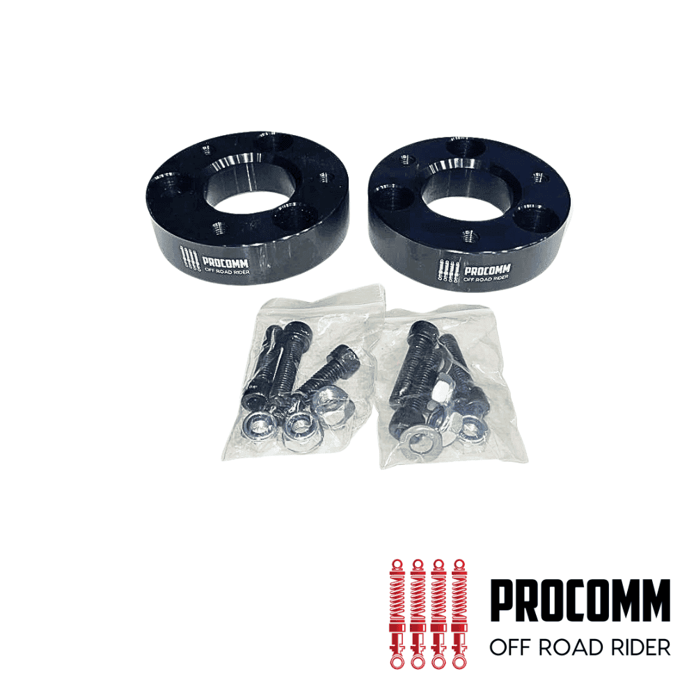 High-quality black wheel spacers with mounting hardware for off-road vehicles and trucks.
