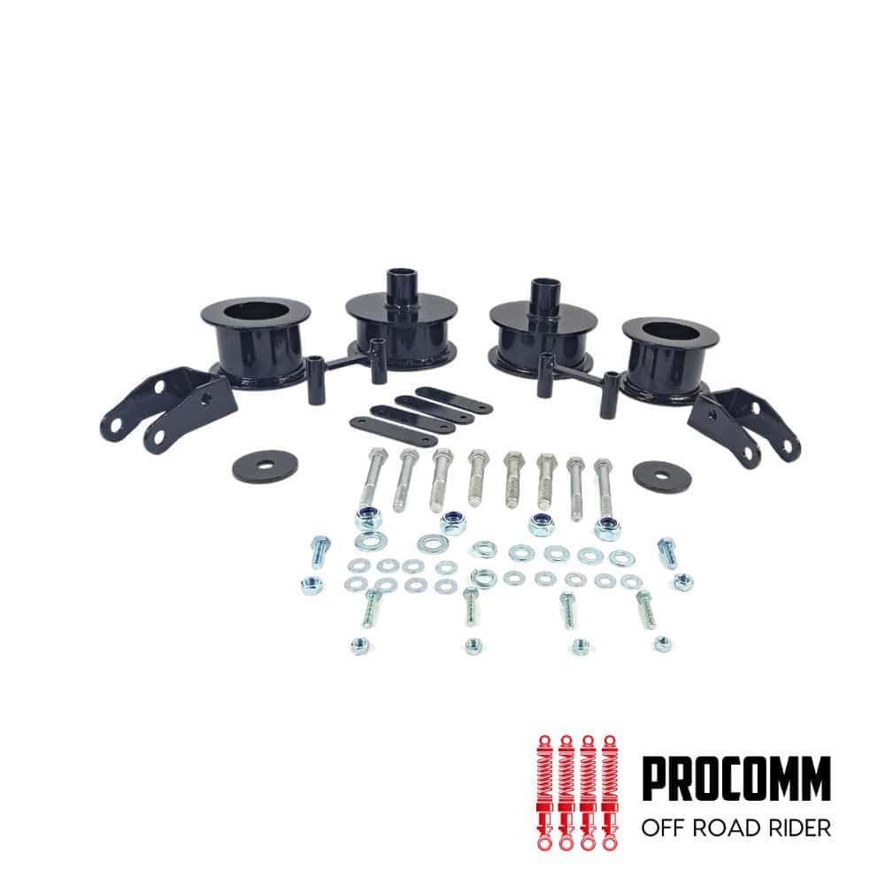 Heavy-duty off-road rider suspension components with mounting hardware and bolts for vehicle upgrade.