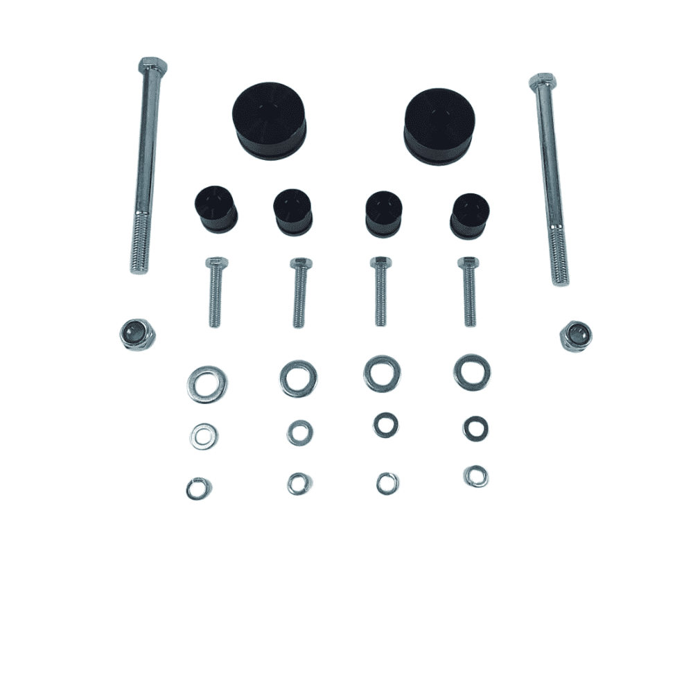Mechanical hardware components including bolts, nuts, and spacers for industrial assembly.