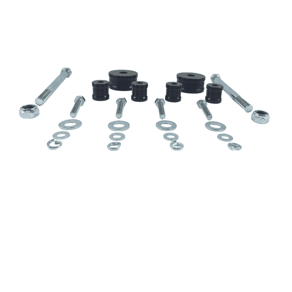 Ball joint repair kit with bolts, washers, and rubber bushings for automotive suspension systems.