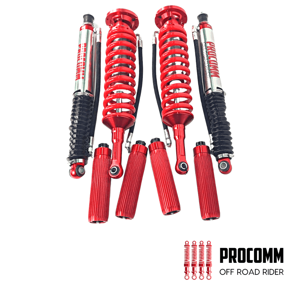 High-performance red shock absorbers for off-road vehicles by PROCOMM.