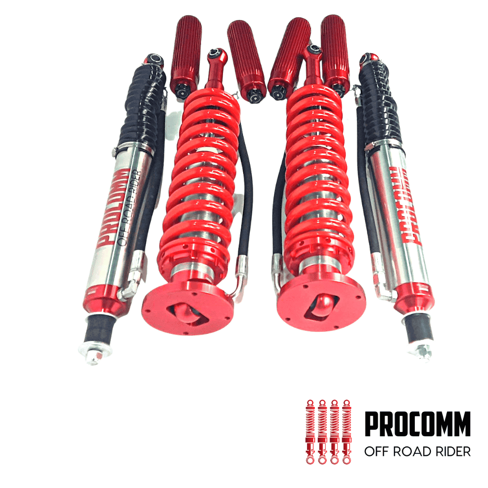 Red off-road shock absorbers for motorcycles and vehicles.