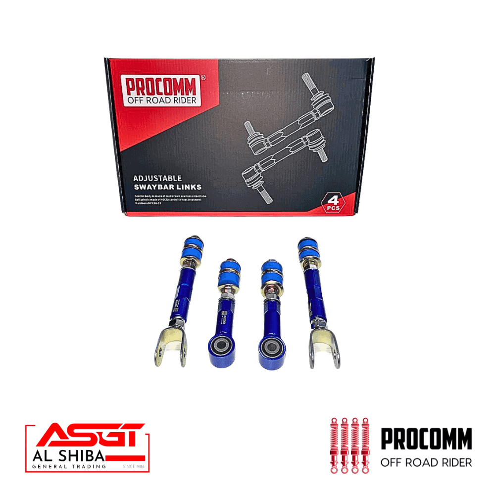 Adjustable swaybar links for off-road vehicles, blue metal with gold fittings, in packaging.