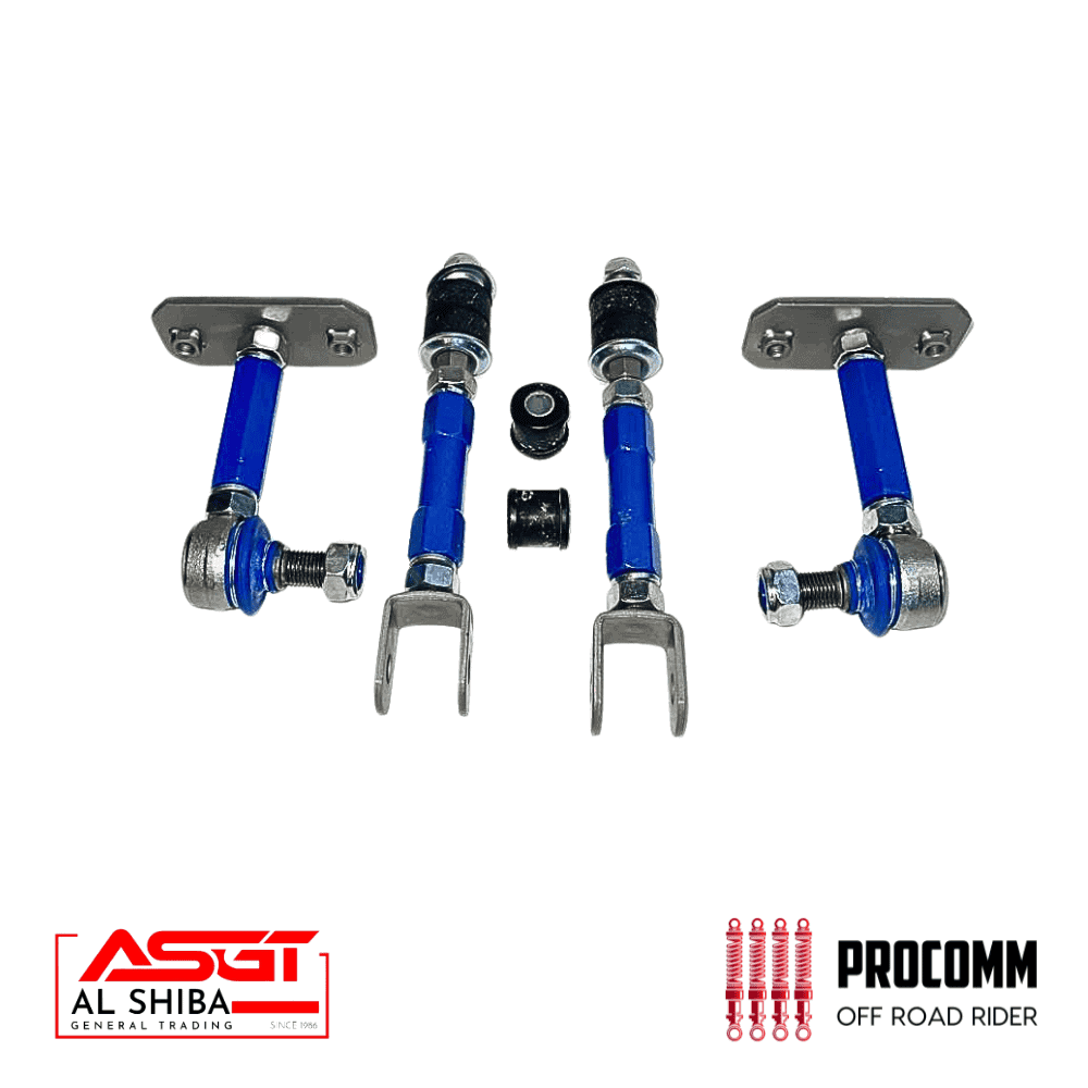 Off-road vehicle suspension parts with blue shock absorbers and mounting brackets.