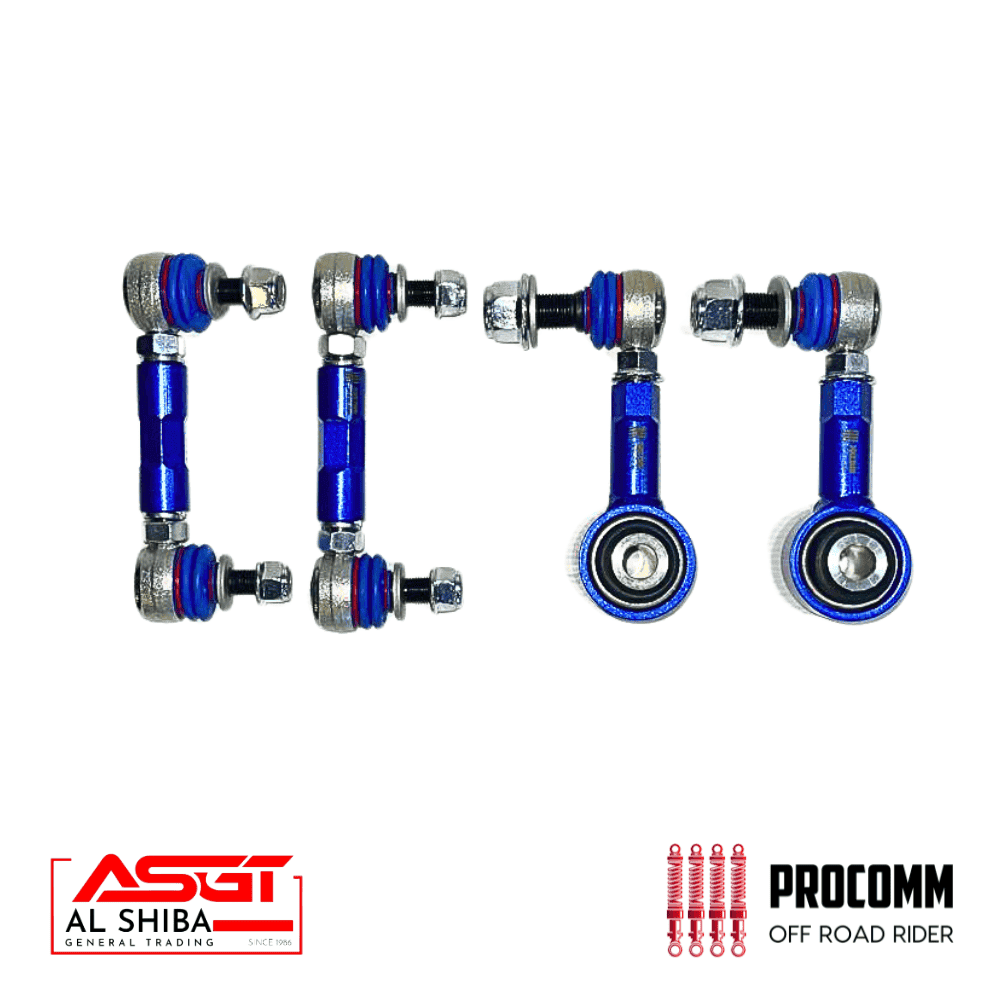 A tight shot of blue and silver off-road vehicle suspension parts for automotive repair and customiz.