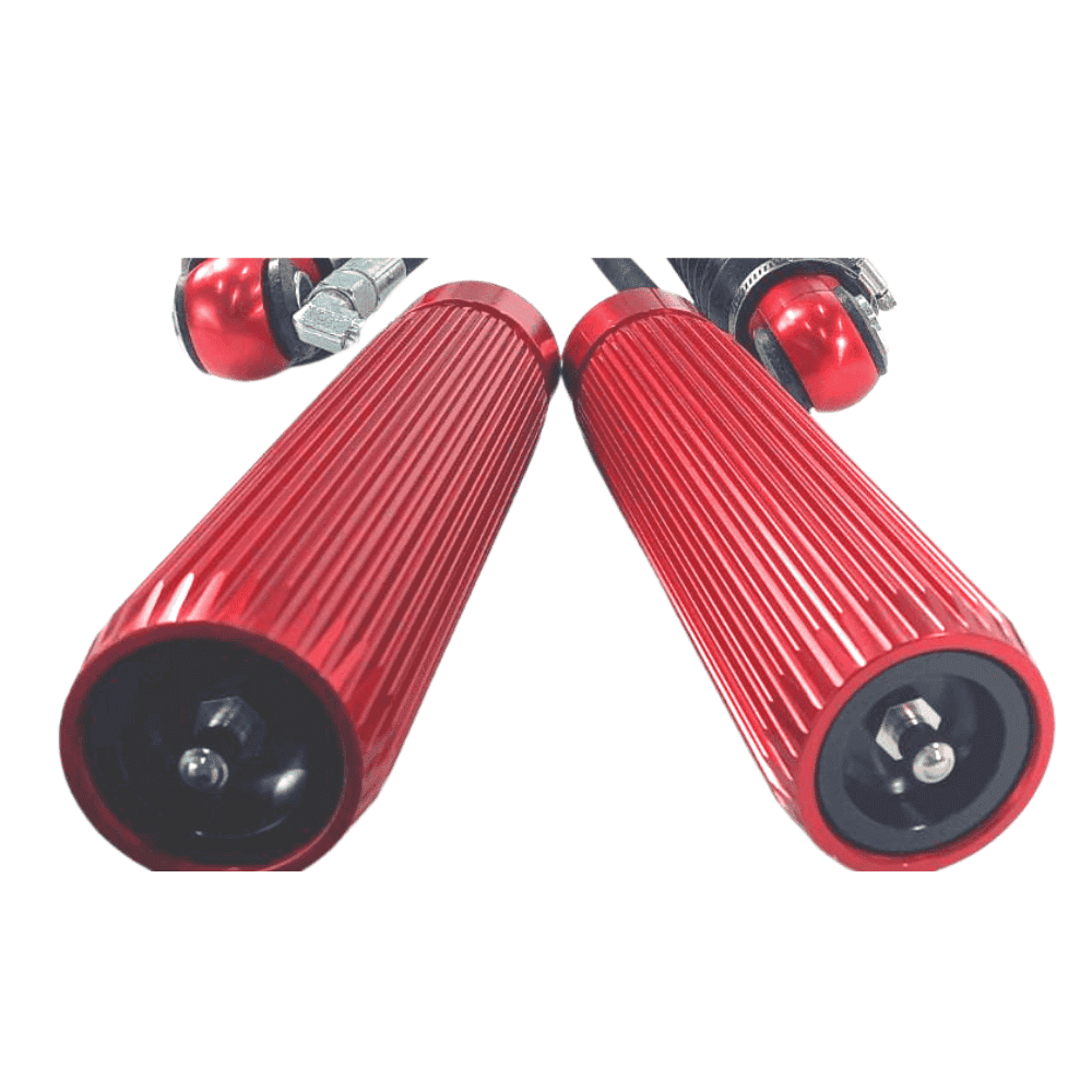 Red motorcycle handlebar grips with textured surface for enhanced grip and control.