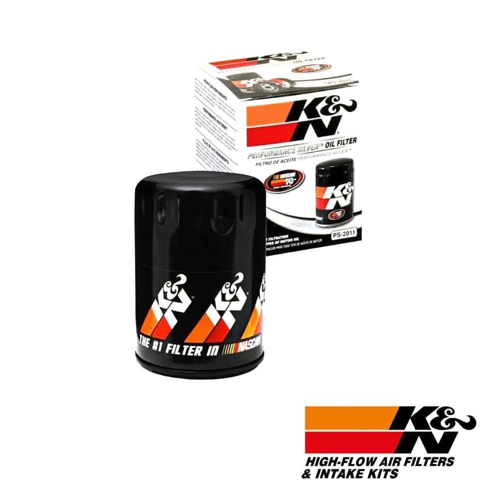 High-flow K&N oil filter for vehicle engine protection and performance enhancement.