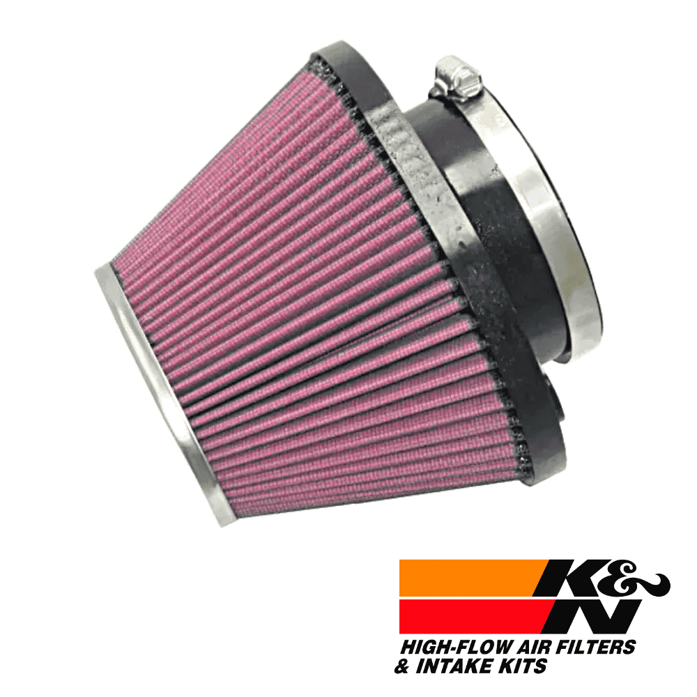 High-flow air filter for automotive engines, pink cone shape, durable filtration system.