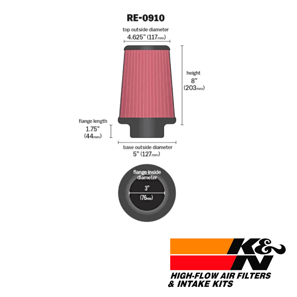 Air filter diagram with dimensions and K&N logo, used for vehicle maintenance and filtration.