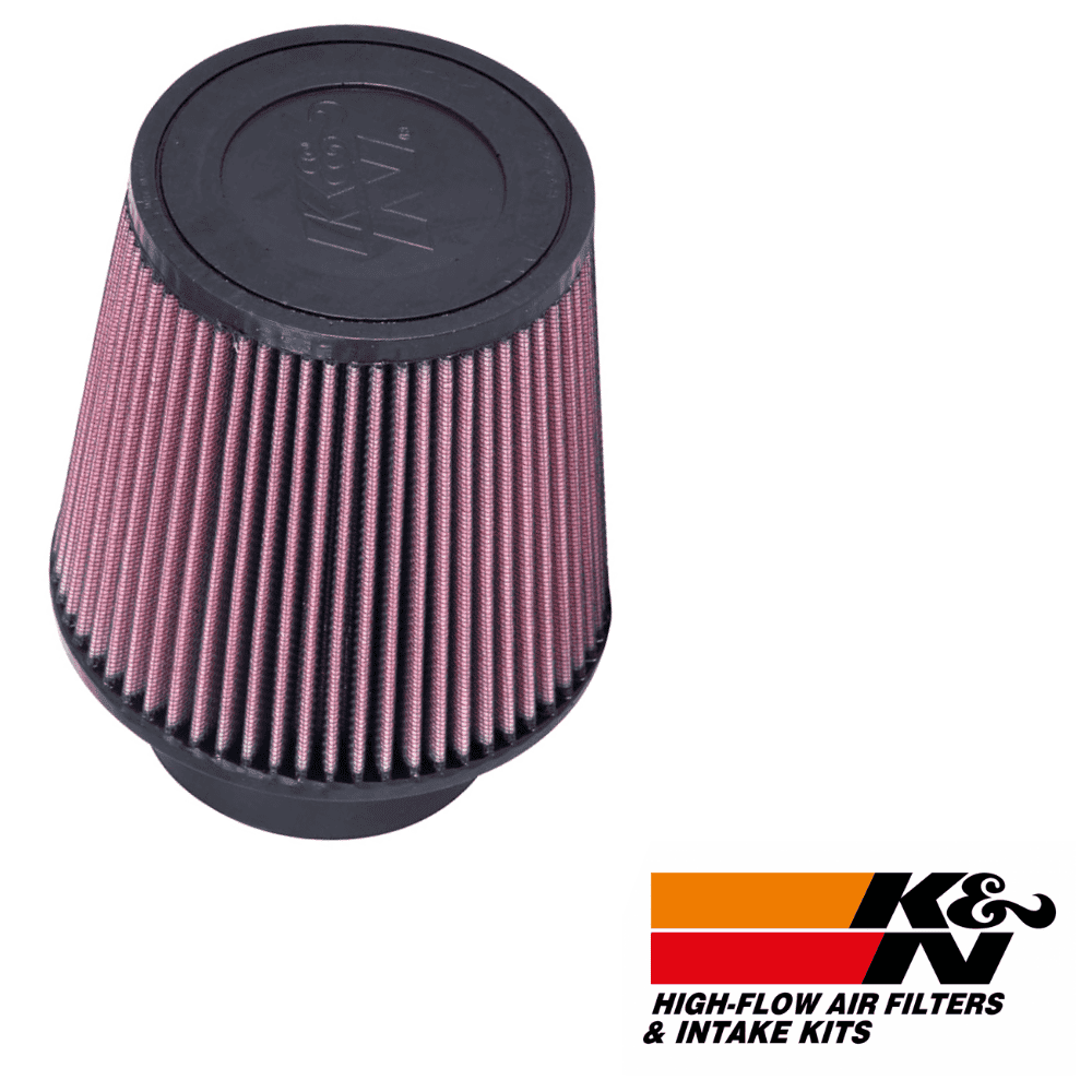High-flow air filter for automotive engines, K&N branded, with pink pleated filter media.