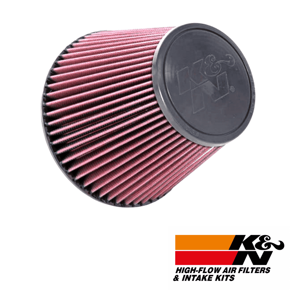 High-flow air filter for vehicle engine, K&N branded, durable and efficient filtration system.