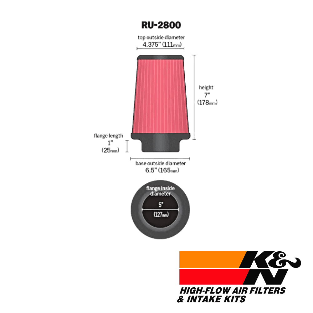High-flow air filter RU-2800 with 4.375-inch outside diameter and 7-inch height for vehicle performa.