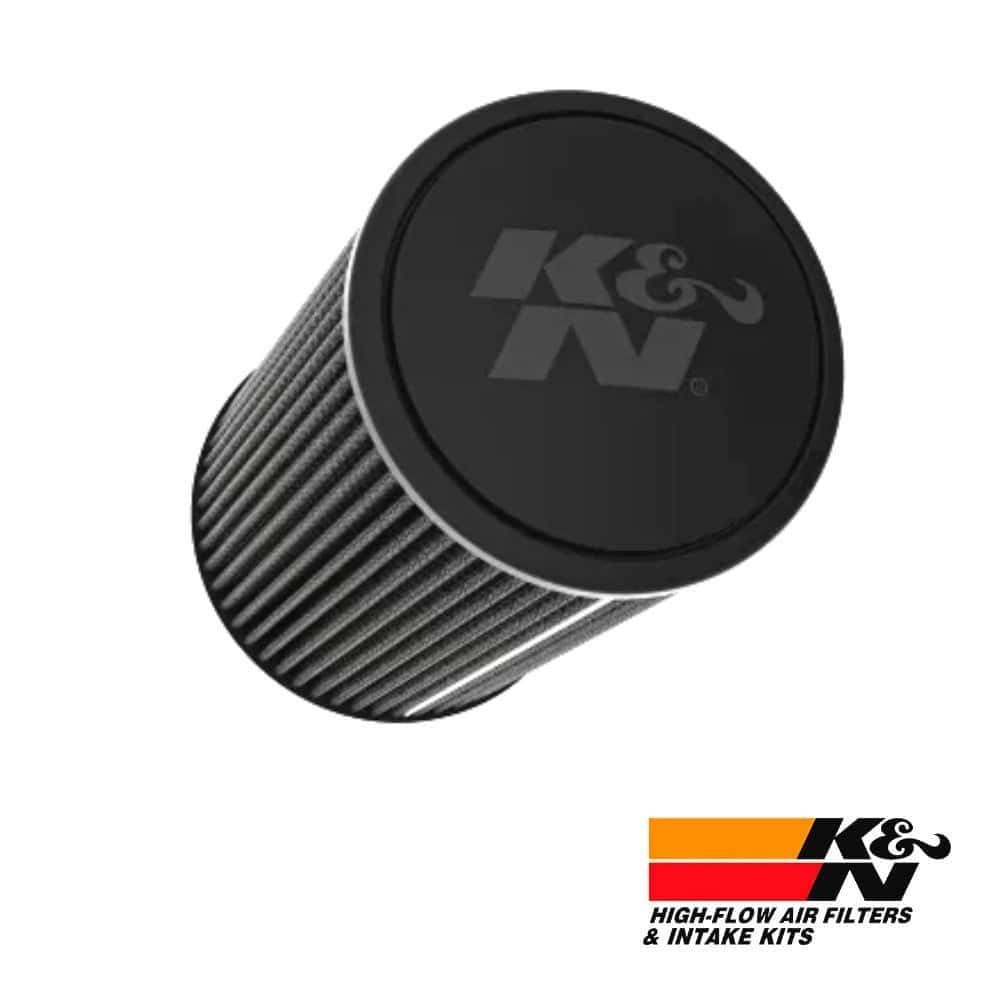 High-flow air filter for vehicle engine, K&N branded, durable and efficient filtration system.