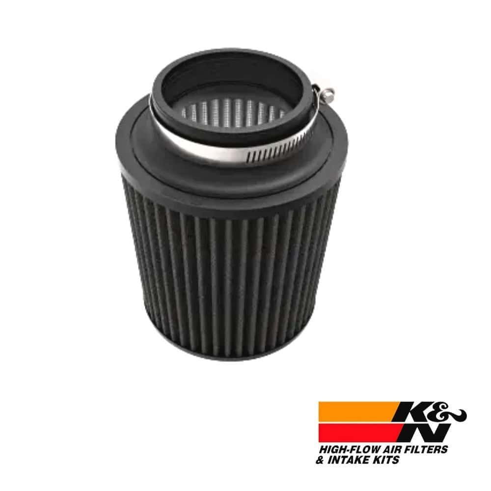 High-flow air filter for automotive engines with clamp, durable and efficient filtration system.