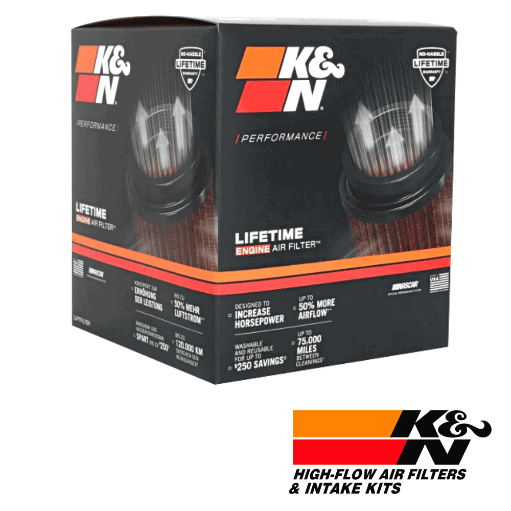 High-flow K&N engine air filter box for optimal vehicle performance and airflow.