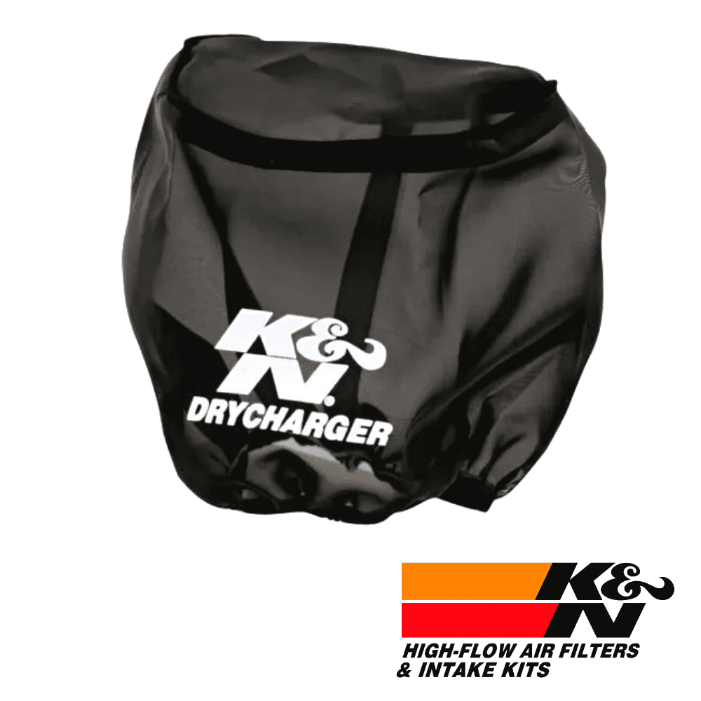 K&N Drycharger air filter cover for high-flow air filters and intake kits, black protective accessor.