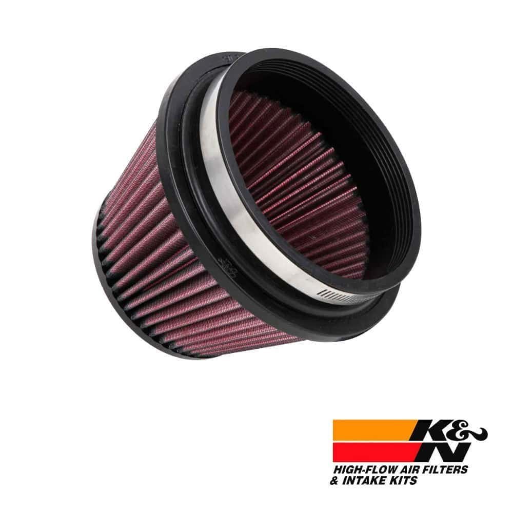 High-flow air filter for automotive engines, K&N branded, with durable construction and efficient fi.