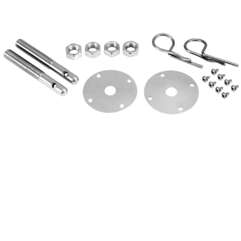 Metal hardware components including bolts, washers, hooks, and screws for industrial or construction.