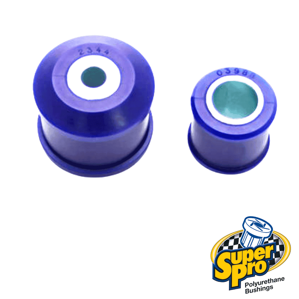 Blue polyurethane bushings for automotive suspension, high-performance car parts.