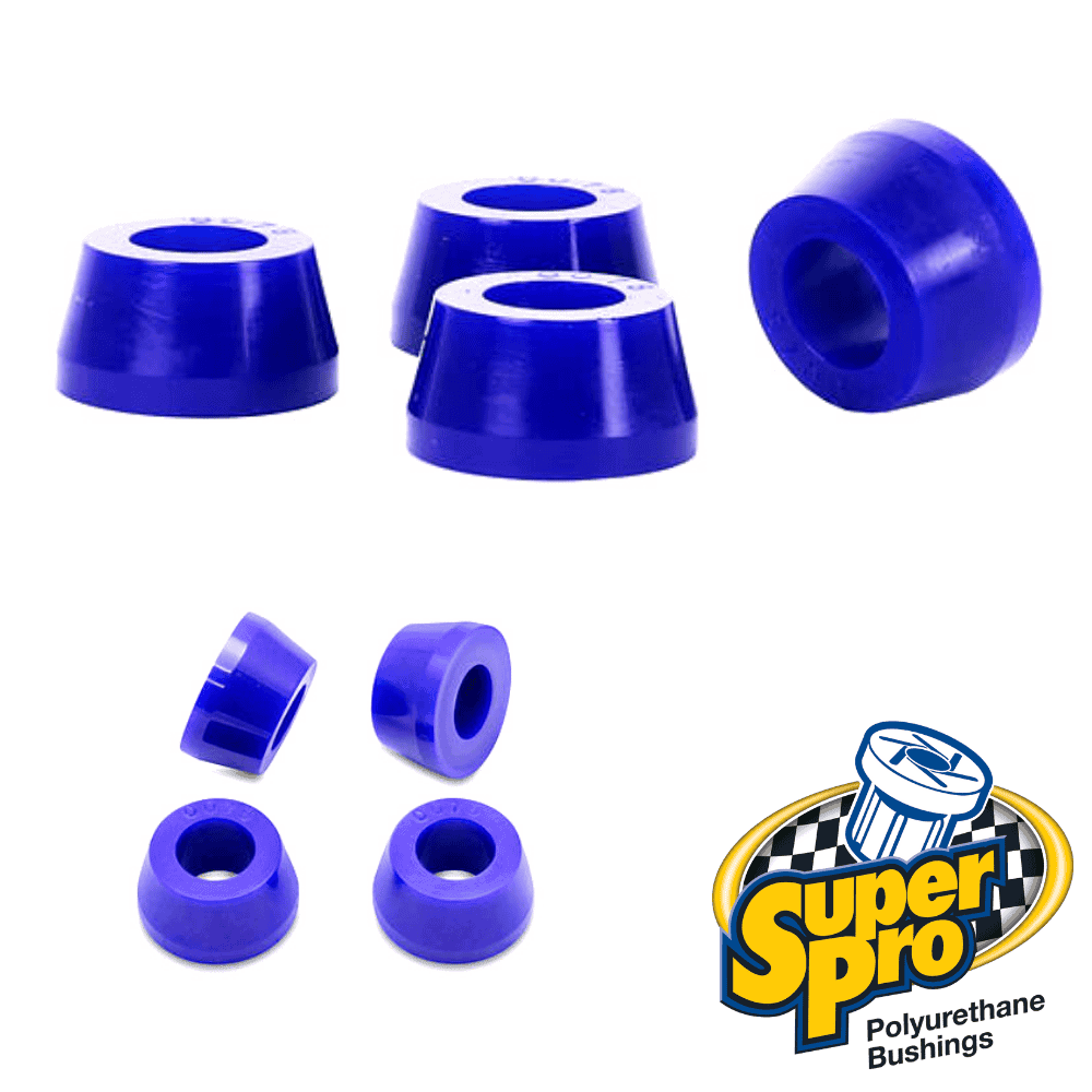 Blue polyurethane bushings for automotive suspension, high-performance SuperPro brand.
