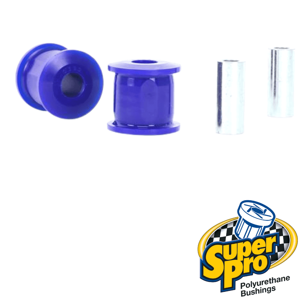 Blue polyurethane bushings and metal sleeves for automotive suspension systems.